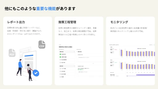 他にもこのような重要な機能があります, レポート出力, 施策工程管理, モニタリング